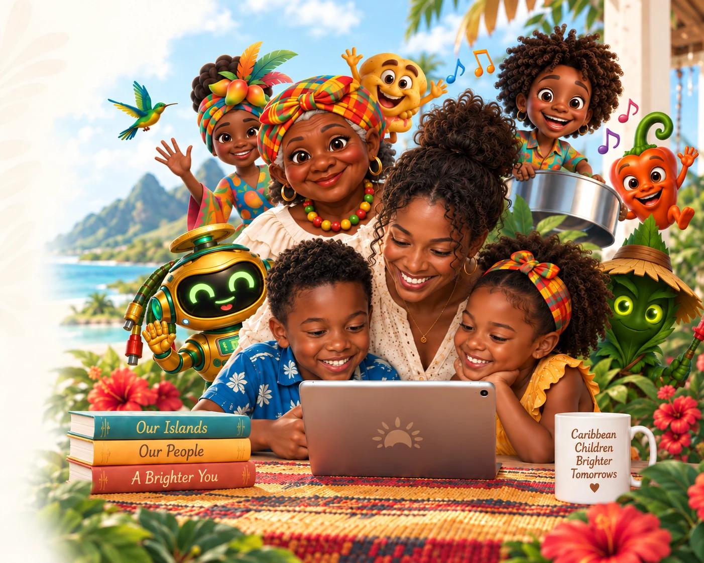 A mother and two children learning together, surrounded by all seven Likkle Legends island characters